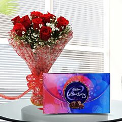 Red roses Bunch with Cadbury's Celebration Chocolate box