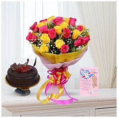 Bunch of 20 Pink and Yellow Roses and Half Kg Truffle Cake with Greeting card