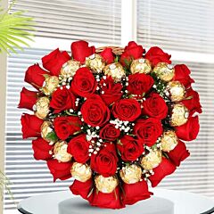 Heart Shape Arrangement of Red Roses with Ferrero Rocher