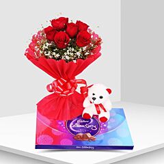 Red Roses Bunch with Cadbury Celebrations and Teddy