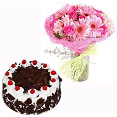 Glass Vase arrangement of Pink Gerberas and Pink Roses with a black forest cake