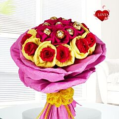 Red Roses & Ferrero Rocher Chocolates Arranged in A Bouquet