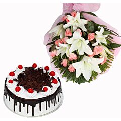 bunch of pink roses and white Asiatic lilies with Black Forest Cake