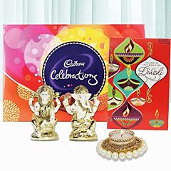 Golden Lakshmi Ganesha, Cadbury Chocolates, Candle & a Diwali Card