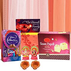 Lakshmi Ganesha Idols, Soan Papri, Cadbury Celebrations, two traditional diyas, and Diwali Greeting Card