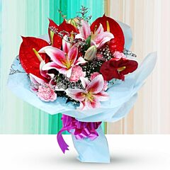 Bunch of Lilies, Anthuriums and Pink Carnations 