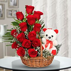 Basket Arrangement of 15 Red Roses and a Teddy