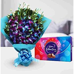 Bunch of 12 Blue orchids with Cadbury Celebrations Chocolate