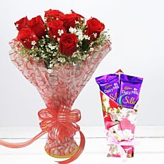 Bunch of 10 Red Roses Bunch with Cadbury Dairy Milk