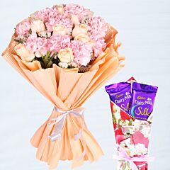 Bunch of Carnations and Roses with cadbury silk