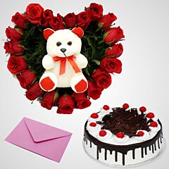 Heart Shape Arrangement of Red Roses with Black Forest Cake