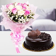 Bunch of 10 Pink and White Roses with Half kg Chocolate cake