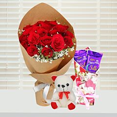 Bunch of 18 Red Roses with Teddy and Dairy Milk Silk