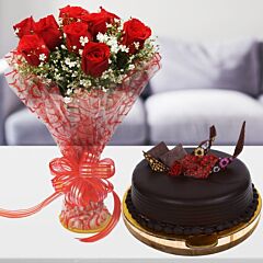 Bunch of 10 Red Roses Bunch with Half kg Chocolate Truffle Cake