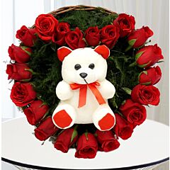 Basket Arrangement of 21 Red Roses with Teddy