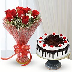 bunch of 8 Red Roses with Black Forest Cake