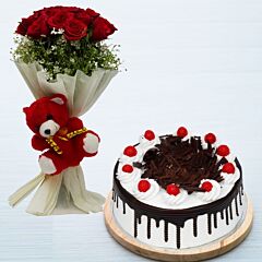 Bunch of 12 Red Roses with Red Teddy and Black Forest Cake