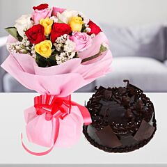 bunch of 15 mixed color Roses with Chocolate Cake