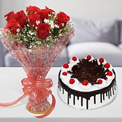 Bunch of 10 Red Roses with Half kg Black Forest Cake