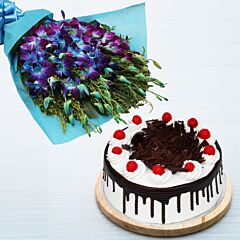 Bunch of blue Orchids with Black Forest Cake