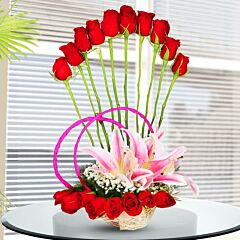 Red Roses Basket with Oriental Lilies