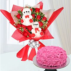 Bunch of Red Rose with Teddy and Rosy Cake