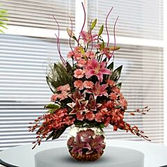Glass Vase Arrangement of Pink Carnation, Pink Orchids and Pink Oriental Lilies